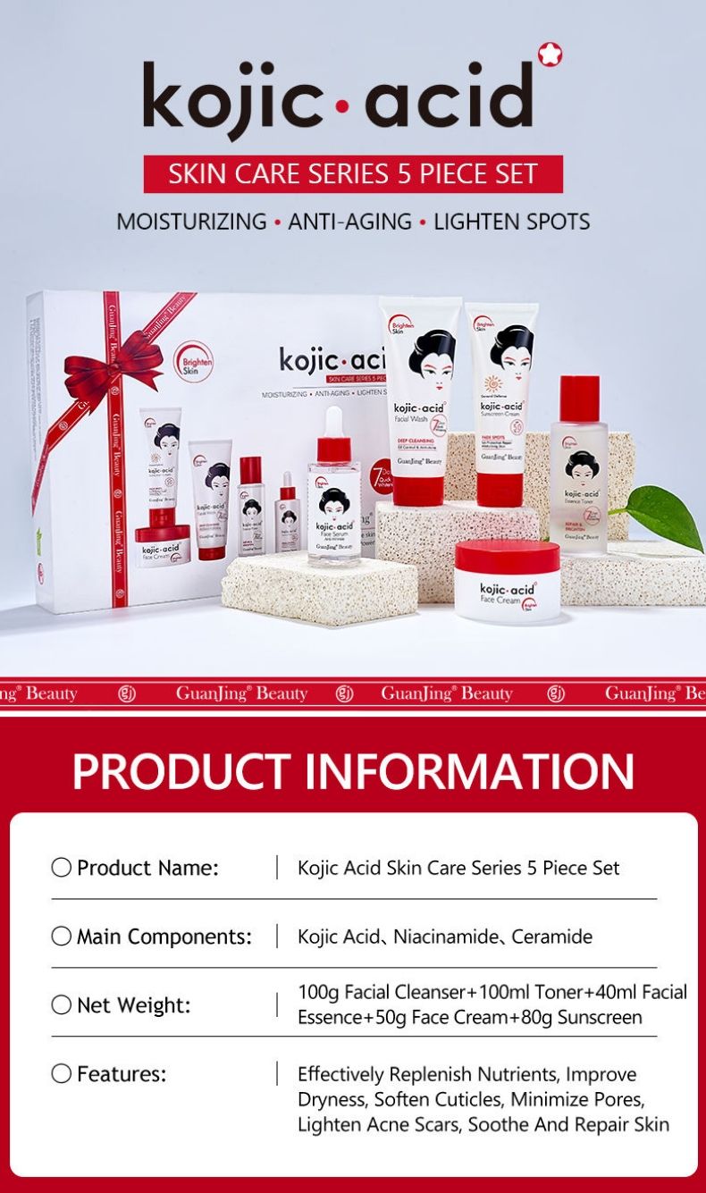 GuanJing Beauty Kojic Acid Skin Care Series 5 Piece Set of FACE CREAM + FACE SERUM + SUNSCREEN CREAM + FACIAL WASH + ESSENCE TONER Kit. Moisturizes, Fades Spots, Scars, Anti-Aging, Brightens.
