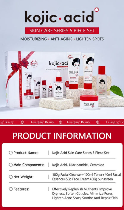 GuanJing Beauty Kojic Acid Skin Care Series 5 Piece Set of FACE CREAM + FACE SERUM + SUNSCREEN CREAM + FACIAL WASH + ESSENCE TONER Kit. Moisturizes, Fades Spots, Scars, Anti-Aging, Brightens.