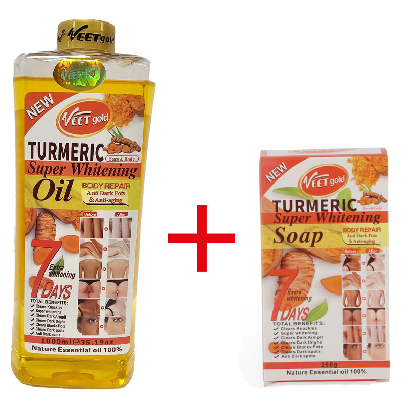 VEET GOLD Turmeric Supper Whitening Oil 1000ml + Soap 250g Whitening Soap Clears Knuckles Removes Dirt & Impurities Super Whitening Clears Dark Thighs Anti Dark Spots Body Oil 1000ml