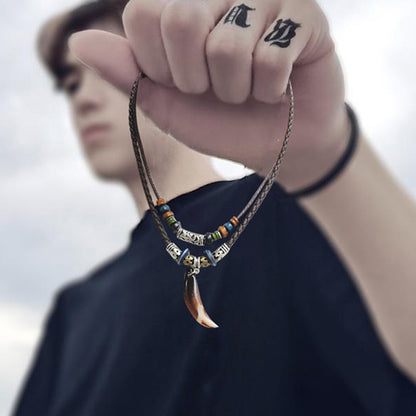 Men Bohemian Wolf Tooth Pendant Necklace Woven Vintage Handmade Cross Beads Stylish Tribal Design Tooth Rope Necklace Jewelry