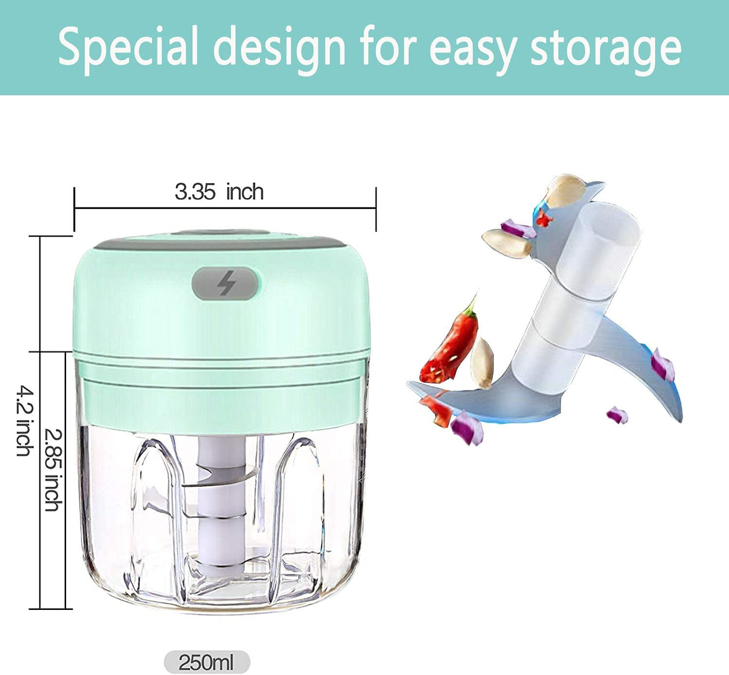 HW Wireless Electric Mini Garlic Chopper Machine(250ML), USB Kitchen Food Processor with 3 Blades