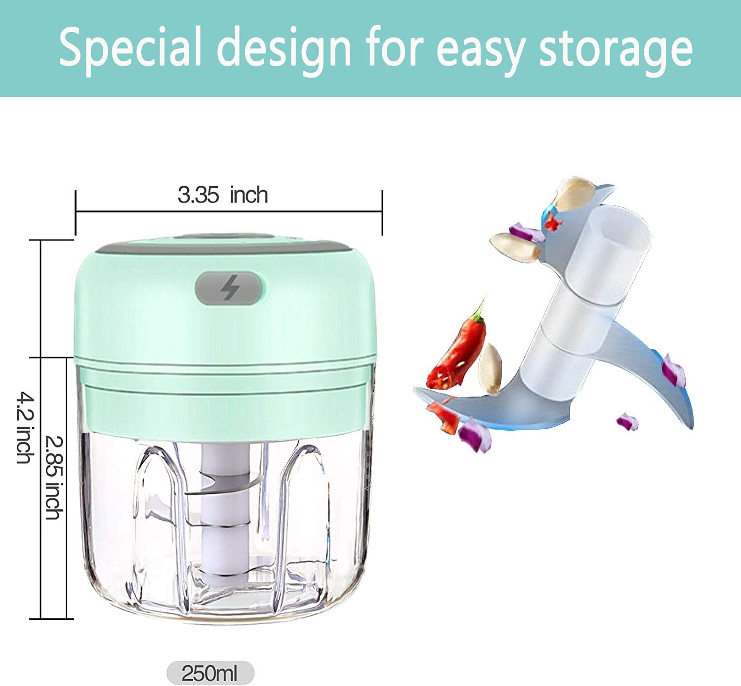 HW Wireless Electric Mini Garlic Chopper Machine(250ML), USB Kitchen Food Processor with 3 Blades