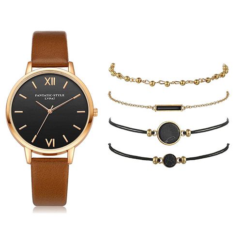 5pcs Quartz Watch Set Ladies Elegant Gemstone Bracelet Quartz Wristwatch Women Leather Quartz Watches Bracelet Set Clock Gift