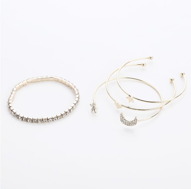 Ladies Diamond Pentagram Star Moon Heart Bracelet Open Bracelet Jewellery Fashion and Simple 4 Pieces / set MMSHOP Amazon hot style Gold as picture