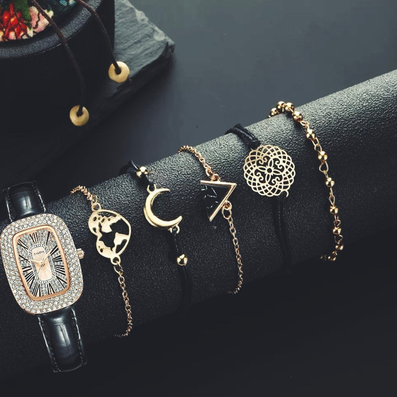 6PCS Women Watch Set Full Diamond Leather Strap Square Watch Women's Watches Luxury Timetable Quartz Fashion Watch Female Wrist Wstch Clock