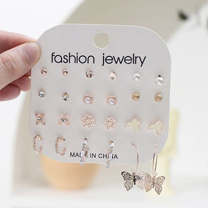 12-Pair Fashion Premium Sense Classic Stud Earrings Set Set Woman Butterfly Peach Heart Set Diamond Earrings Wholesale New Arrival Gift Christmas Black Friday Valentine's Day