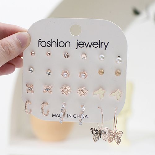 12-Pair Fashion Premium Sense Classic Stud Earrings Set Set Woman Butterfly Peach Heart Set Diamond Earrings Wholesale New Arrival Gift Christmas Black Friday Valentine's Day