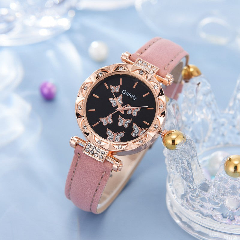 5-Piece Women's Watch Bracelet Necklace Ring Earrings Set Fashion Personality Simple Watch Butterfly Quartz Leather Watch