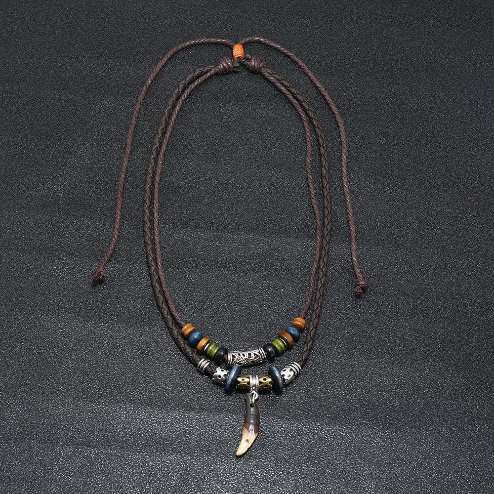 Men Bohemian Wolf Tooth Pendant Necklace Woven Vintage Handmade Cross Beads Stylish Tribal Design Tooth Rope Necklace Jewelry