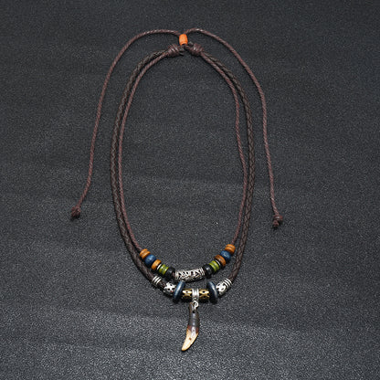Men Bohemian Wolf Tooth Pendant Necklace Woven Vintage Handmade Cross Beads Stylish Tribal Design Tooth Rope Necklace Jewelry