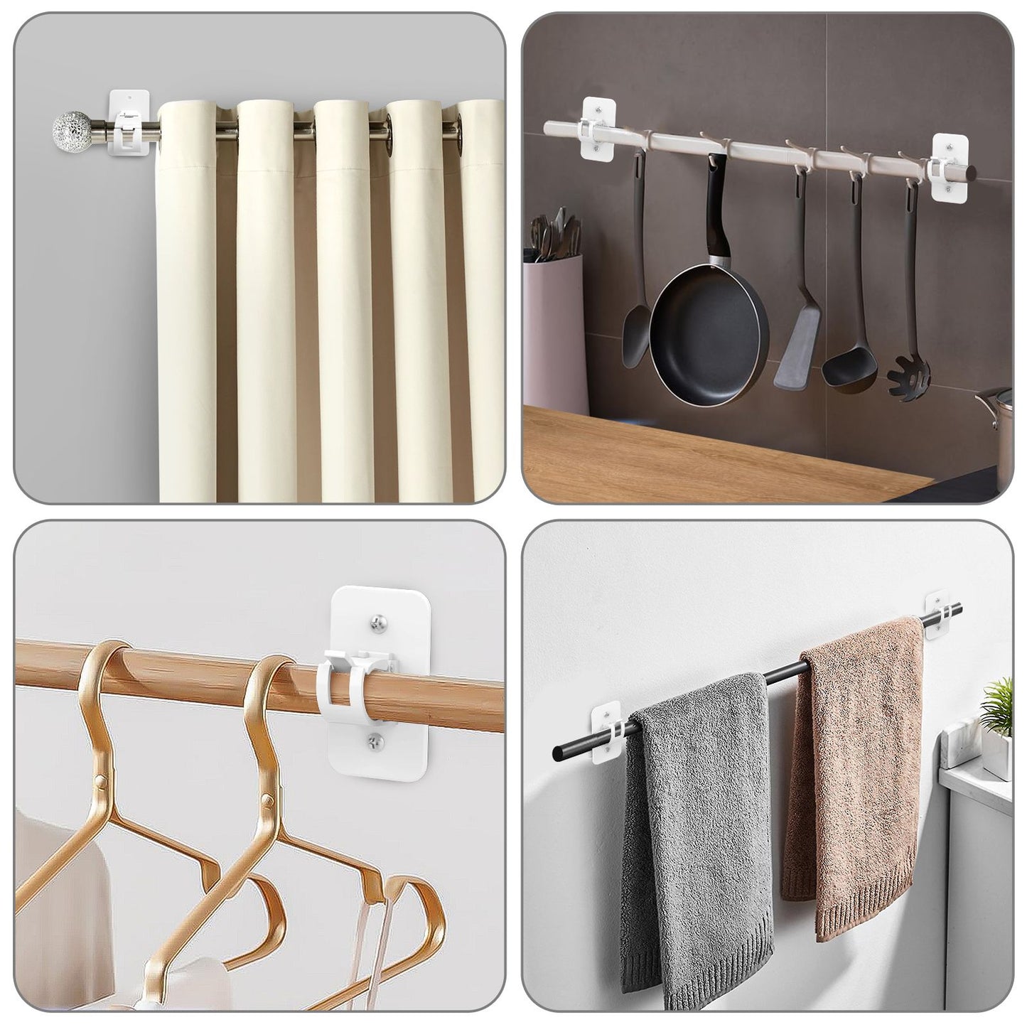 4pcs Curtain Rod Bracket, Self Adhesive Wall Mount Holder, Drapery Hook Holders Fixing Rod Holder Curtain Pole Wall Brackets Towel Rod Hooks for Home Bathroom Kitchen Hotel Use