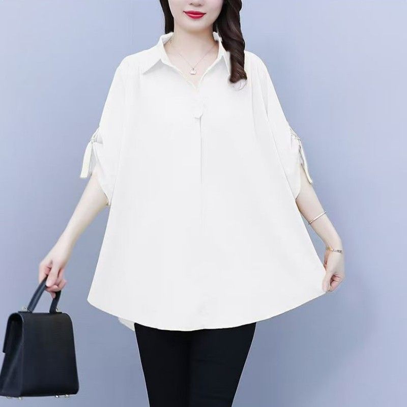 1 PC Medium To Long Shirt Short Sleeve Top Lady Shirt Short Sleeved Chiffon Shirt For Women In Plus Size Loose Fit Waist Cinching Slimming Chiffon Top Lady Wear Trendy