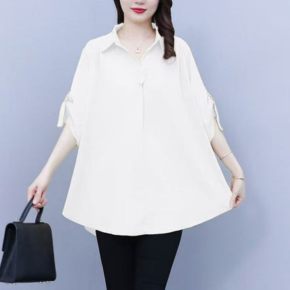 1 PC Medium To Long Shirt Short Sleeve Top Lady Shirt Short Sleeved Chiffon Shirt For Women In Plus Size Loose Fit Waist Cinching Slimming Chiffon Top Lady Wear Trendy