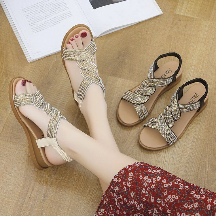 Wedge Flats Sandals Cross Wide Strip Design Sense Rhinestone Fashion Casual Women's Shoes