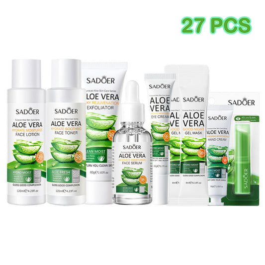 SADOER 27PCS Skin Care Set Aloe Vera Moisturizer Whitening Gift Set Face Lotion + Face Toner + Face Serum + Exfoliating Gel + Eye Cream + 20PCS Good Night Gel Masks + Hand Cream + Lip Balm Moisturizin