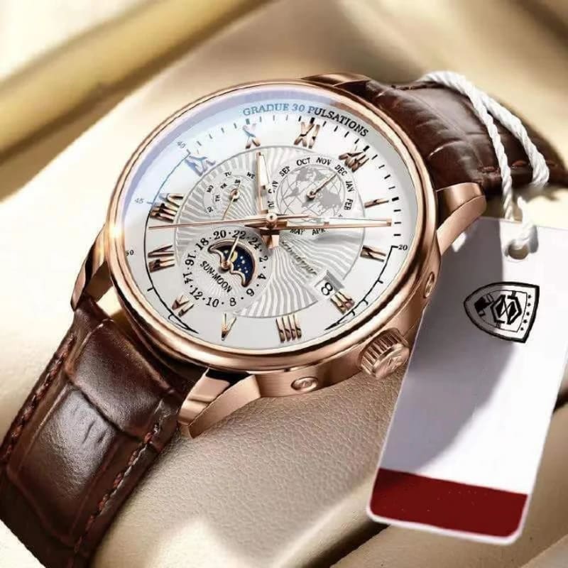 Men Watches Top Brand Original Luxury Luminous Waterproof Sport Quartz Male Wristwatch Moon Phase Leather Strap Wrist Watch