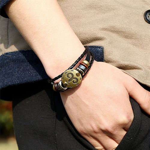 12 Constellations Multi-layer Leather Cuff Chain Lucky Charm Fashion Bronze Alloy Buckles Bracelets