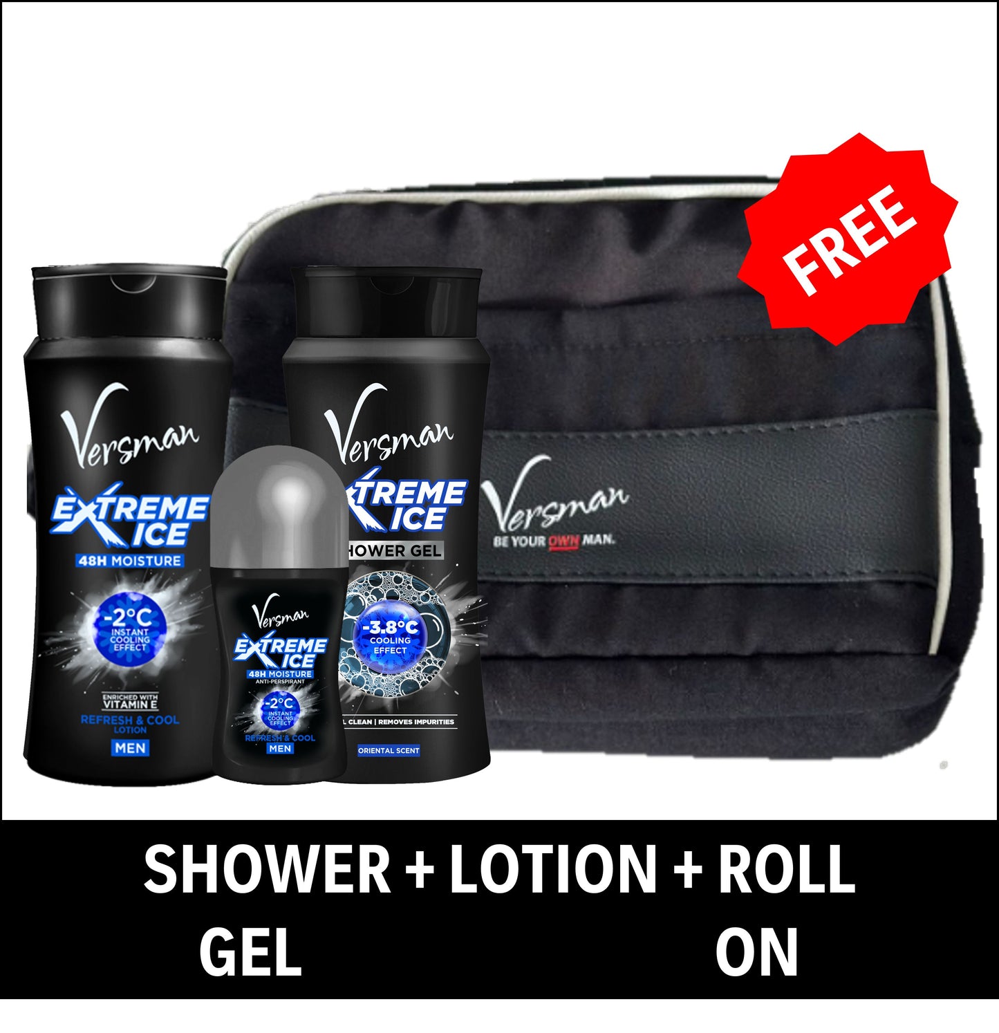 Versman Bro Kit: Extreme Ice 400ml Lotion + Shower Gel + Roll On Deo (Pack of 3)