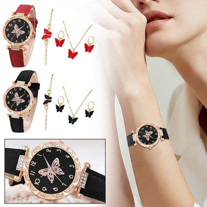 6PCS Women's Watch Earrings Rings Necklace Bracelet Set Ladies' Butterfly Jewelry Set Women's Wristwatch Leather Strap Quartz Watch Ladies' Butterfly Watch Set