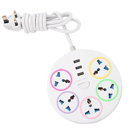 British Round Desktop Socket Universal Power Strip Power Socket Heavy Duty Surge Protector Plug Power Socket 5 Way Outlets 3 USB Charging Ports USB Charger Adapter 6.56 ft Long Extension Cord