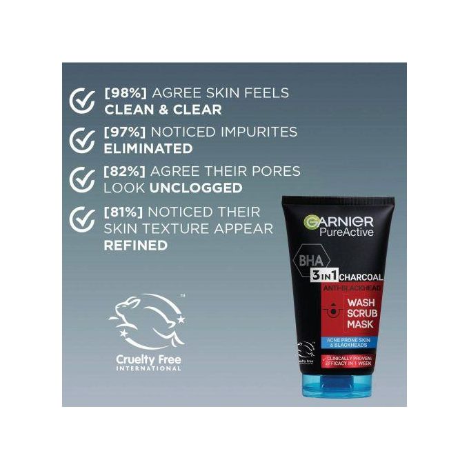 【Discounted】Garnier Pure Active 3 In1 Charcoal Anti Blackhead Mask Wash Scrub -100ml