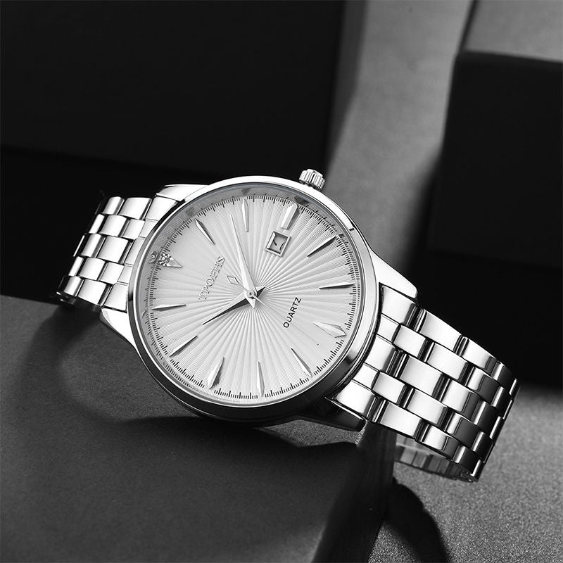 Fashion Mens Watches Luxury Silver Stainless Steel Quartz Wrist Watch Man Business Watch for Men Calendar Clock