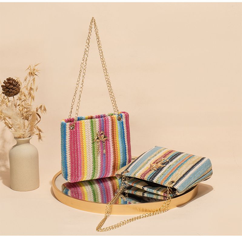 Trend Rainbow Woven Tote Bag Women's Shoulder Bag Simple contrast color swan decorative tote bag