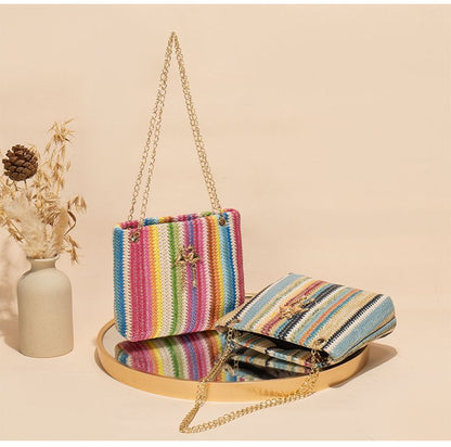 Trend Rainbow Woven Tote Bag Women's Shoulder Bag Simple contrast color swan decorative tote bag