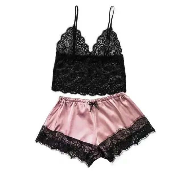 Women Lace Sexy Pajamas Nightclothes Black PINK L XL XXL V Neck Low Cut Lace Top And Ice Silky Shorts