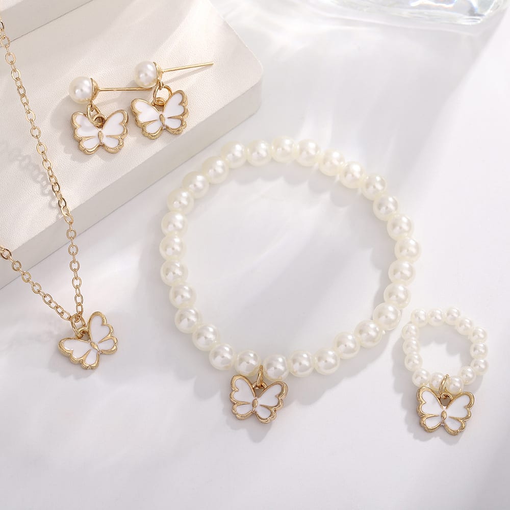 Pearl Butterfly Jewelry Set Oil Drop Butterfly Pendant Pearl Bracelet Earrings Necklace Girls Jewelry