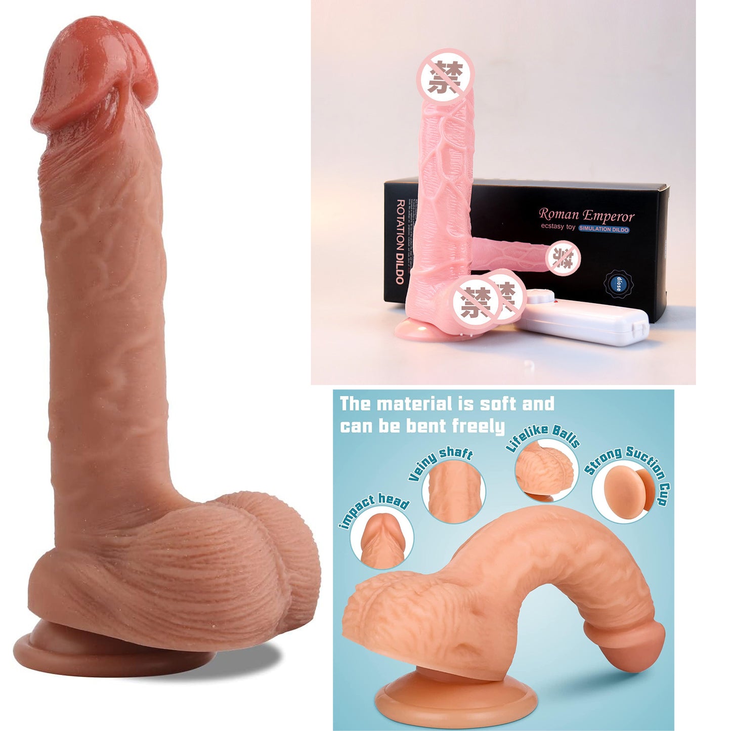 Realistic Dildos, 7.3 Inch Dildo with Suction Cup for Hands-Free, Flexible Cock with Curved Shaft and Balls for Vaginal G-spot and Anal Play, Adult Sex Toy for Male & Female, Couples