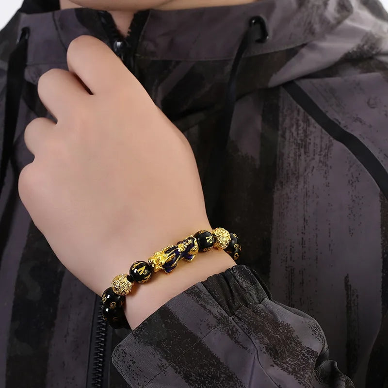 Feng Shui Obisidian Stone Beads Bracelet Men Women Wristband Gold Color Pixiu Black Six Character Proverbs Wealth and Good Luck