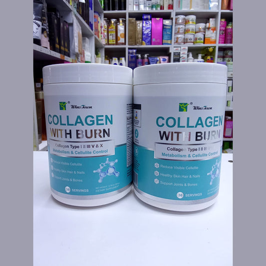 Two containers of 'Collagen with Burn' supplement on a white surface with a blurred store shelf in the background.