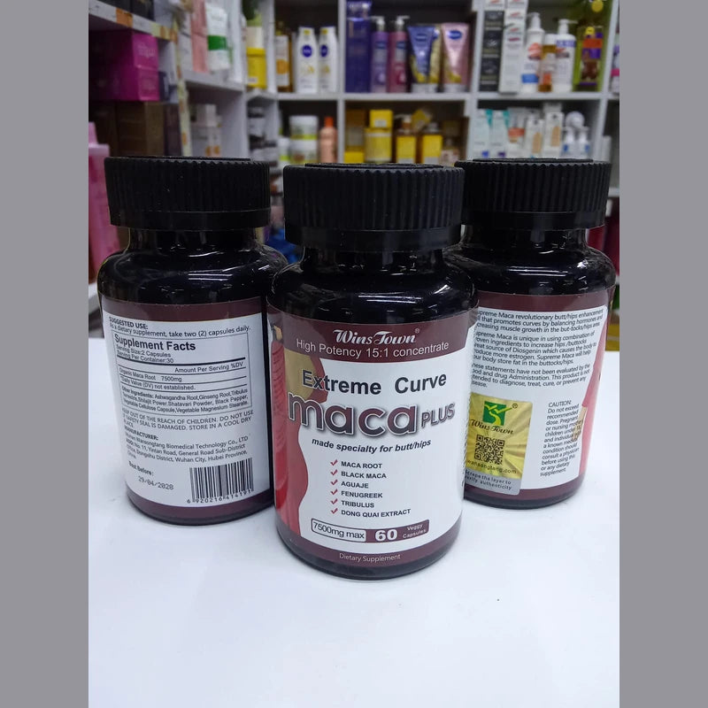 Three bottles of 'Extreme Curve Maca Plus' on a white surface with a store shelf in the background.