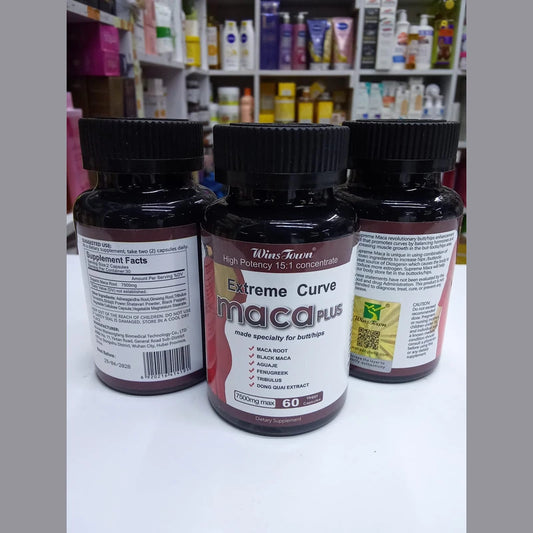 Three bottles of 'Extreme Curve Maca Plus' on a white surface with a store shelf in the background.
