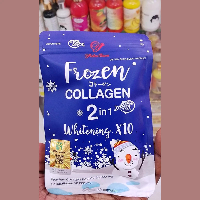 Frozen Collagen 2 in 1 Whitening X10 package held in a hand with a blurred background of bottles.
