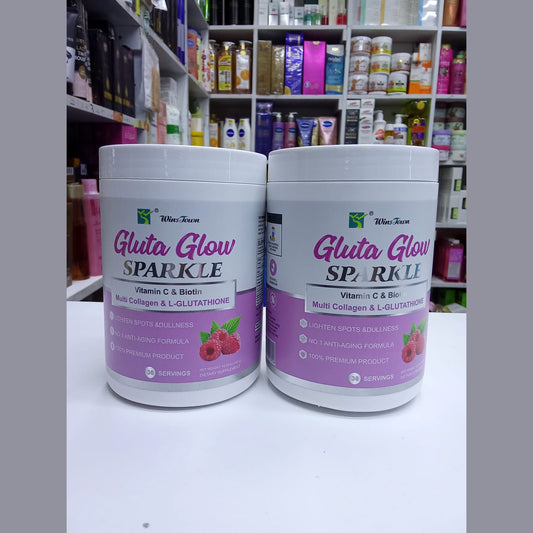 Two containers of 'Gluta Glow Sparkle' product on a shelf with various other products in the background.