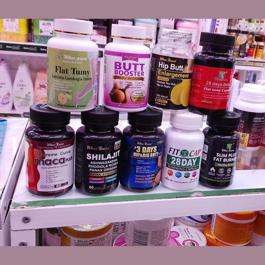 Assorted health and fitness supplements on a store shelf