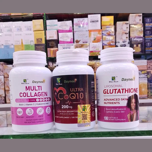 Three supplement bottles on a store shelf with various products in the background