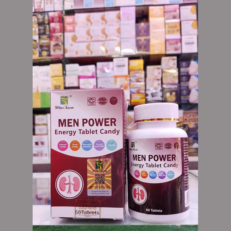 Men Power Energy Tablet Candy packaging with a blurred store shelf background