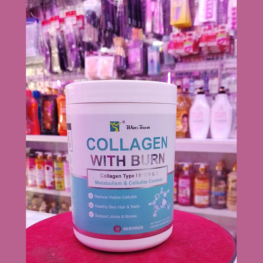 Collagen supplement container with 'Wiss Town' branding on a store shelf background.