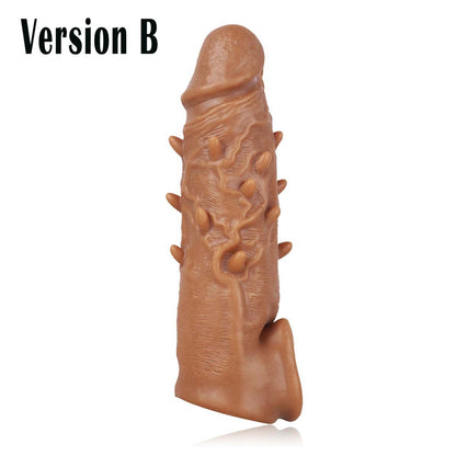 Silicone Penis Sleeve Extender Cock Enlarger Testicle Restraint Male Realistic Reusable Condom Prolonged Ejaculation Delayed Ring Sheath Sex Toys for Men