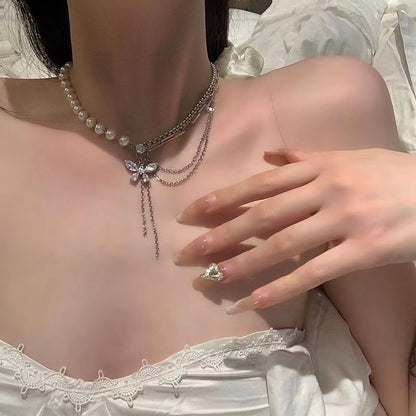 2PCs/Set Pearl Necklace 2023 New Women's Zircon Butterfly Tassel Necklace+Ring Light Luxury High end Feel Collar Chain Tide