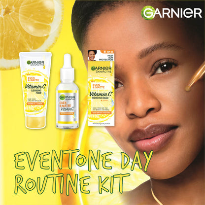 【Discounted】Garnier Eventone Day Routine Kit: Even & Matte Vitamin C Cleansing Foam 50ml + Serum 15ml+ Sunscreen Spf 30 50ml