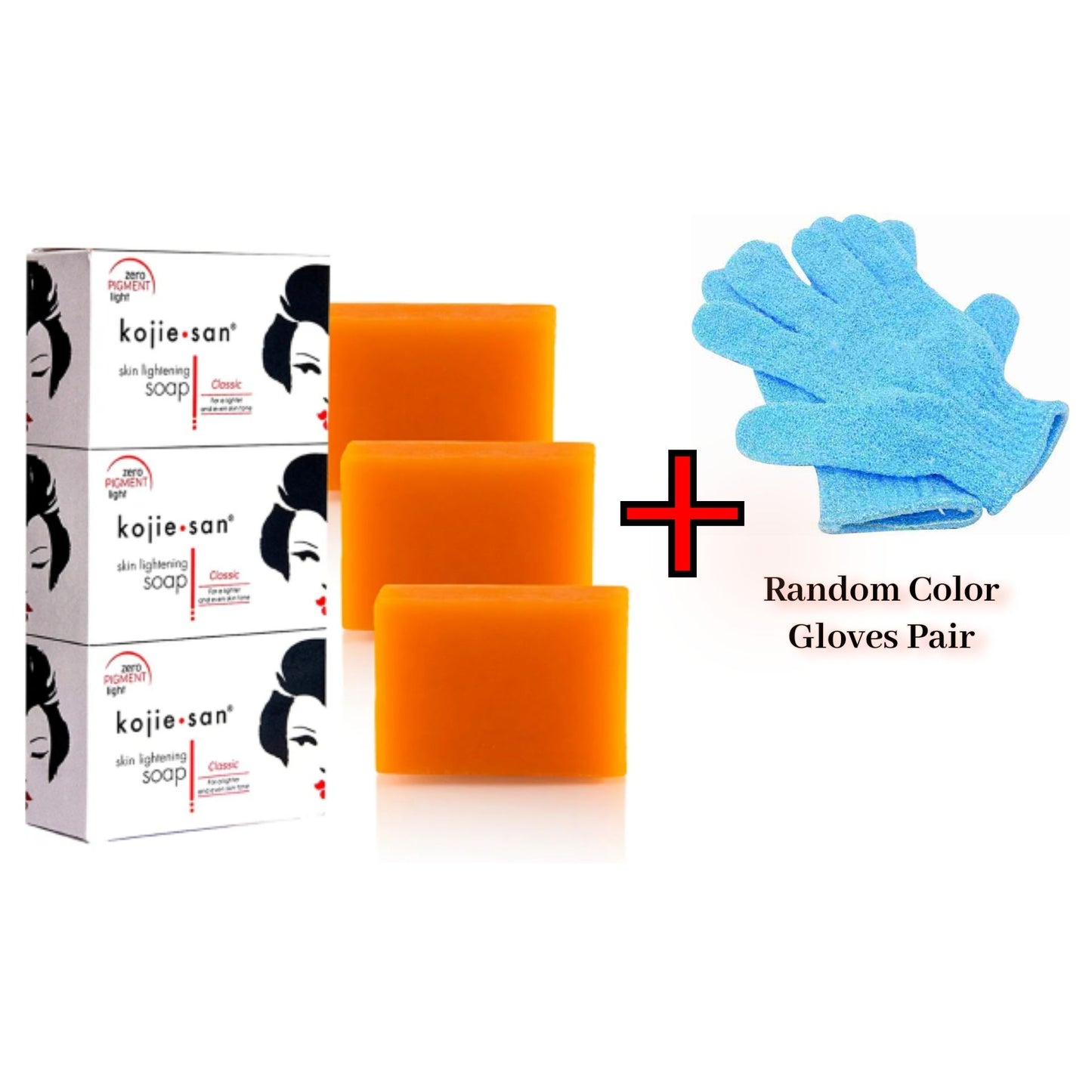 3 PIECES Kojie San Skin Lightening Soap + Bath Exfoliating scrub Gloves - Original Classic Kojic Acid Soap for Dark Spots, Hyperpigmentation, Whitening & Scars - Beauty Bar with Coconut & Tea Tree