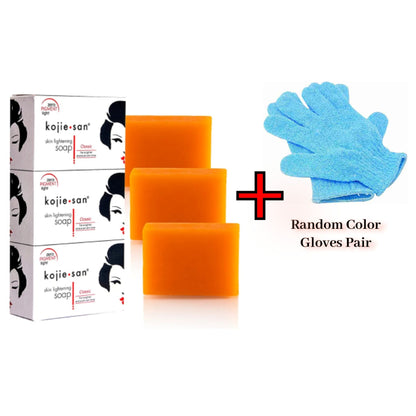 3 PIECES Kojie San Skin Lightening Soap + Bath Exfoliating scrub Gloves - Original Classic Kojic Acid Soap for Dark Spots, Hyperpigmentation, Whitening & Scars - Beauty Bar with Coconut & Tea Tree