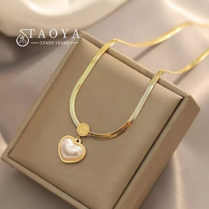 Non Fading Necklace Pearl Heart Pendant Stainless Steel Gold Color Necklace Party For Womens Luxury Jewelry Accessories Pearl Charms Chain Choker Necklaces Earrings For Women Girl Friend gif