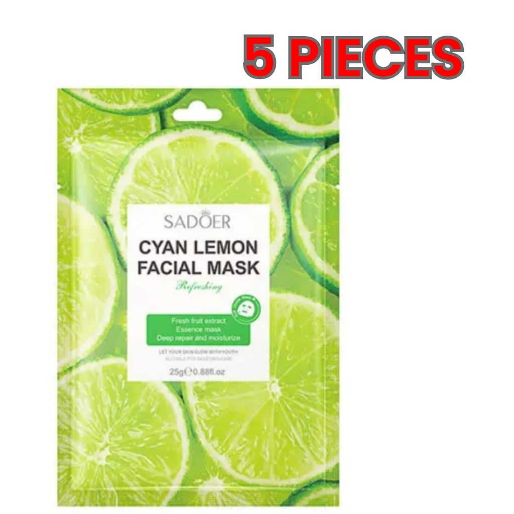 5 PIECES Cyan Lemon Refreshing Facial Mask Sheets - SADOER - Moisturizing, Deep Repair Cleansing Natural Plant Extracts Essence Face Masks