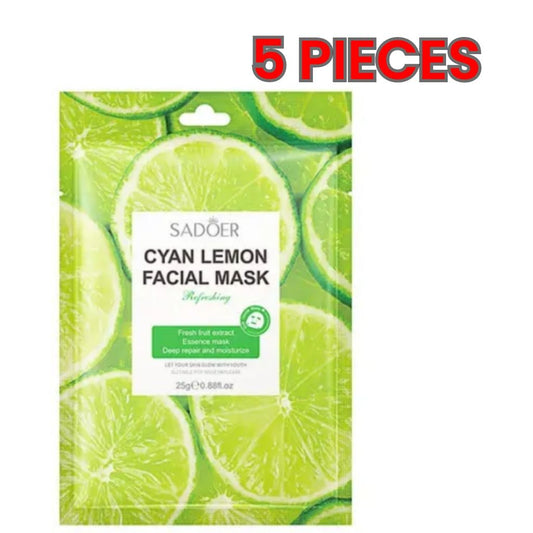 5 PIECES Cyan Lemon Refreshing Facial Mask Sheets - SADOER - Moisturizing, Deep Repair Cleansing Natural Plant Extracts Essence Face Masks