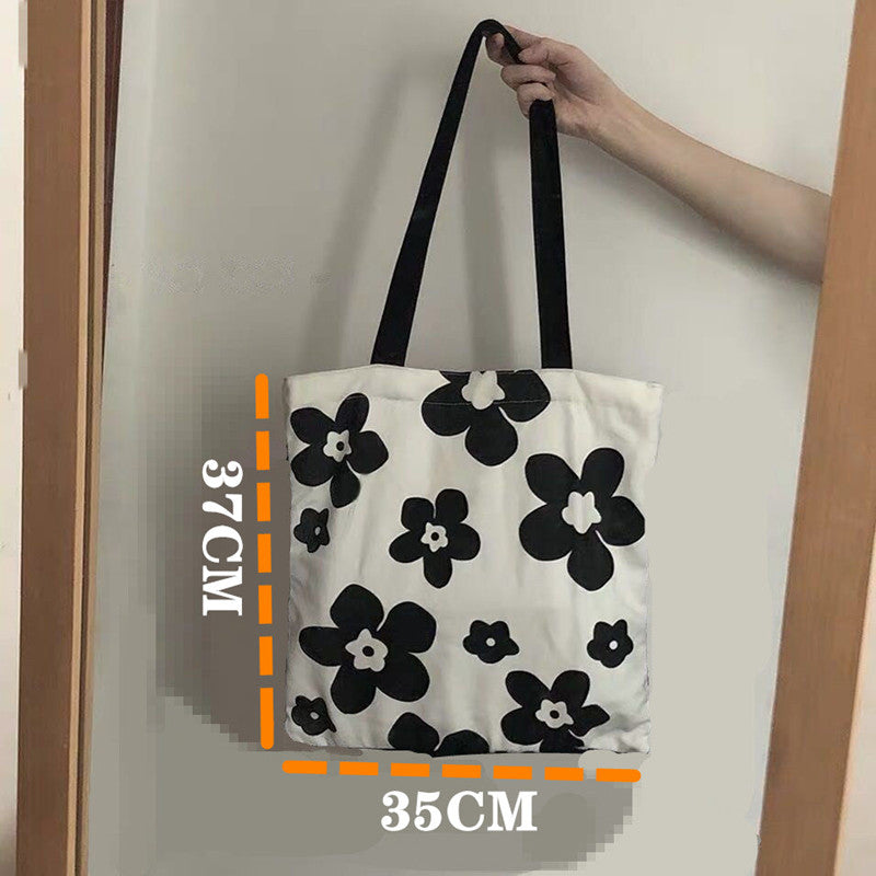 Korean Version of ins Canvas Bag Black and White Hyuna Flower Schoolgirl Fashion Versatile Shoulder Bag Shopping Bag